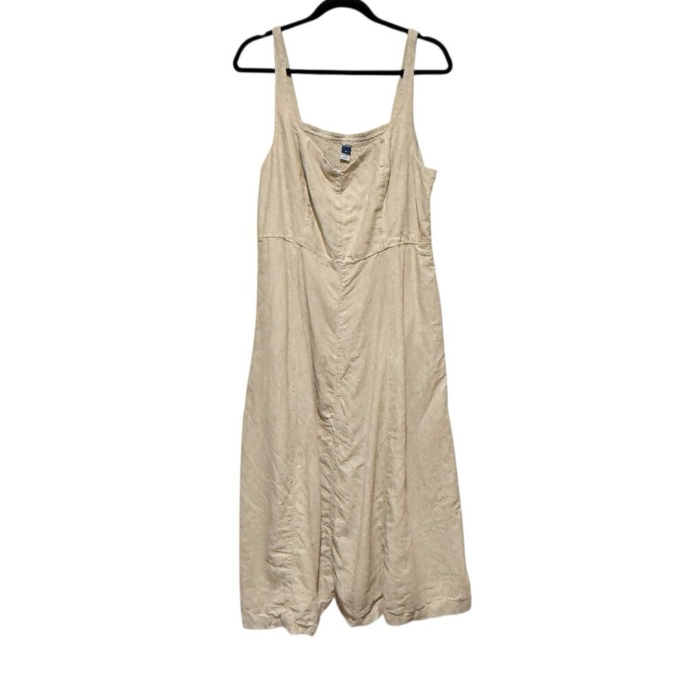 Old Navy Size XL Linen Blend Oatmeal Beige Sleeveless Smocked Midi Dress Beachy - Picture 2 of 9